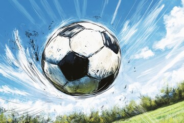 Naklejka premium Dynamic soccer ball soaring through a clear blue sky above a vibrant green field, capturing action
