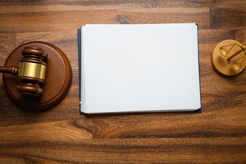 Wooden gavel, blank papers, and golden scales on wood background, legal concept symbolizing justice and law decision-making. Ai generative