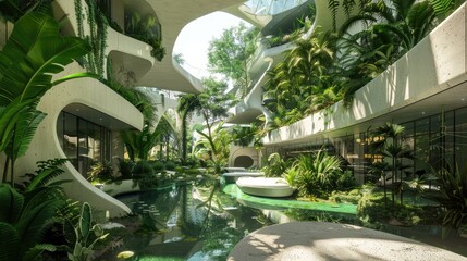 Modern architectural design featuring lush greenery and water features in a serene tropical environment