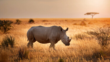 Obraz premium Beautiful rhinoceros standing in the african nature with safari vibe and nice background landscape