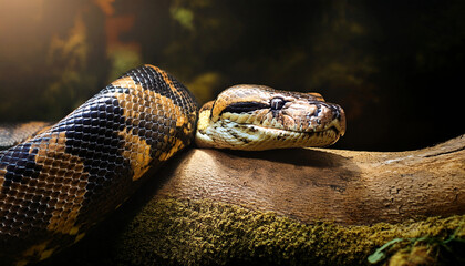 Beautiful snake lying in the sunshine warming itself up with a pretty nature background