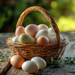 basket of colorful fresh eggs on wooden table