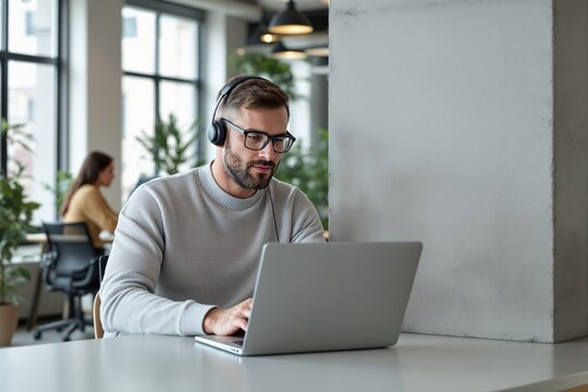 Man wearing headphones using laptop at desk in modern office, natural light and blurred coworker in background, concept of remote work. Ai generative