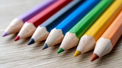 Colorful Pencils on Wooden Surface - Close-up of sharpened colored pencils arranged on a light brown wooden table