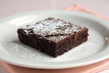 A chocolate brownie with a dusting of powdered sugar on a white plate, isolated on soft pastel background