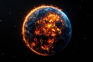 Obraz premium Earth covered in bright flames, digital artwork style, deep space background, concept of global warming and environmental catastrophe. Ai generative