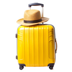 Closeup of a yellow suitcase topped with a hat Isolated On White Background
