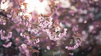 Naklejka premium Close-Up of Cherry Blossoms on a Branch with Soft Petals and Bokeh Background