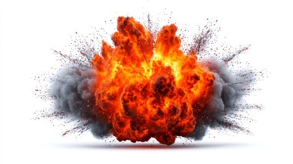 Fiery Explosion with Smoke Plume - Dramatic of a fiery explosion with a large plume of dark smoke, isolated on a white background. Perfect for action, disaster, or power-related projects