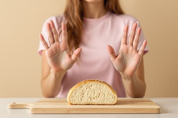 Woman with hands up rejecting bread on board, creative style, beige background. Concept of gluten-free diet, food intolerance, or healthy lifestyle. Ai generative