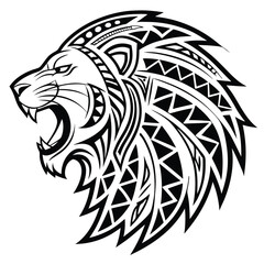 Tribal Style Lion Head Design Roaring Profile Black and White Graphic