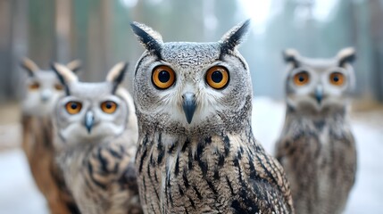 Fototapeta premium A group of three owls gazing directly at the with wide eyed curious expressions creating a comical and whimsical scene in a forested environment