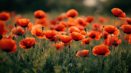 Obraz premium Vibrant red poppies in a field at sunset.