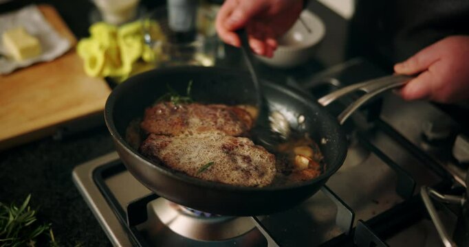 Recipe, hands and steak in frying pan in kitchen for dinner, meal preparation and sear beef cuisine. Chef, person and cooking meat with herbs for healthy ingredients, nutrition and lunch food in home