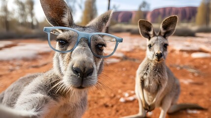 A kangaroo wearing whimsical glasses stands upright and appears to be posing for a selfie in the Australian outback while a smaller joey kangaroo photobombs the scene in the background