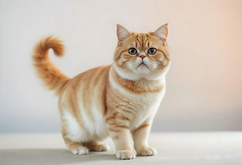 Obraz premium A tiger-striped orange exotic shorthair cat standing confidently on a soft background. Modern and adorable mood.