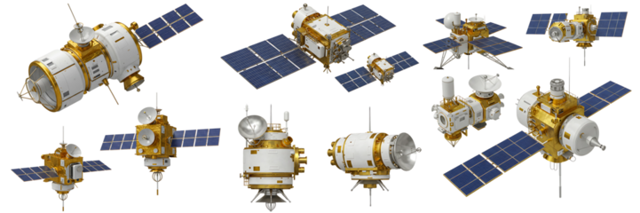 Set of Space Satellites with Solar Panels on Transparent Background

