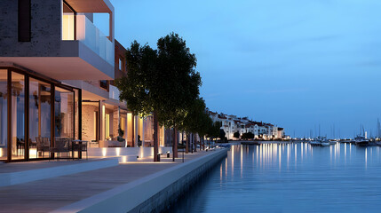Fototapeta premium Coastal Town Waterfront At Dusk With Modern Buildings