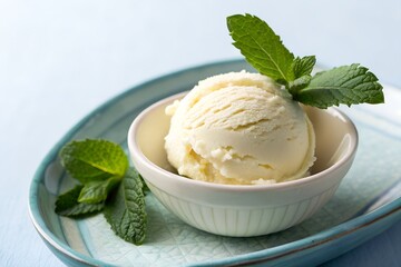 A scoop of vanilla ice cream in a small bowl with mint leaf garnish, on plain light blue background