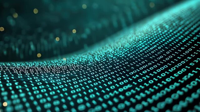Abstract digital wave with glowing binary code representing data flow and technology systems. Concept of big data, artificial intelligence, coding, and futuristic digital infrastructure - Powered by Adobe