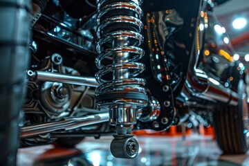 Obraz premium The structure of the modern car. Rear suspension. Shock absorber. Spring suspension