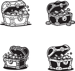 Black And White Cartoon Treasure Chests Filled With Gold Coins Vector Illustration