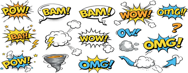 Comic bomb boom vector element. Hand drawn cartoon explosion bomb effect, splash, exclamation smoke element. Doodle hand drawn text boom, pow, wow.