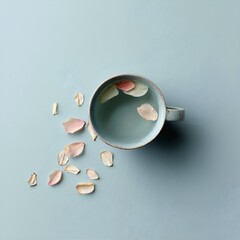 Delicate cup of water with scattered rose petals on a soft blue background