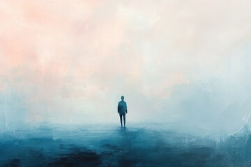 Obraz premium A lone figure standing in a misty landscape under a soft pastel sky with a dreamlike quality