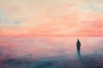 Fototapeta premium Figure standing in a hazy landscape with soft pink and blue sky and muted ground color palette art