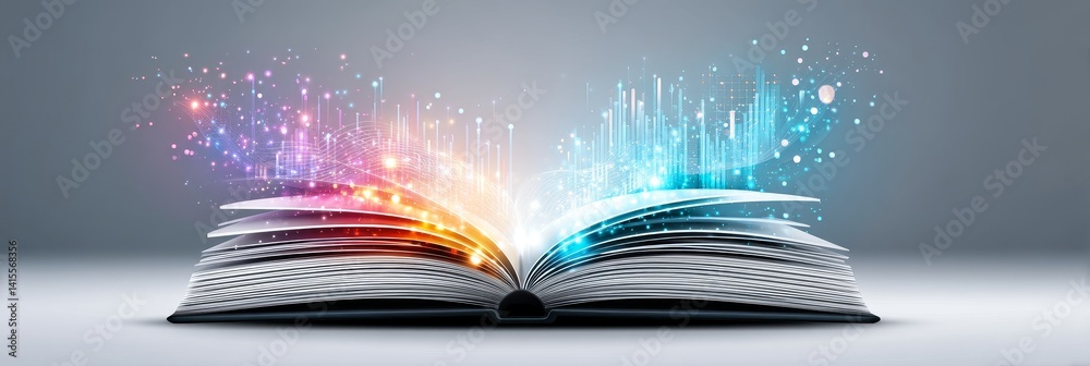 Poster open book of data visualization - an open book with colorful data visualizations emerging from its p