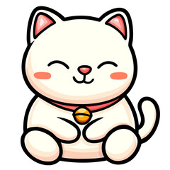 Fototapeta premium Sweet white cat with collar bell, happy maneki neko, doodle cartoon character, kawaii isolated cute clean and simple vector illustration