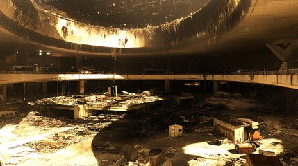 Sunlit, decaying interior of a large, circular building