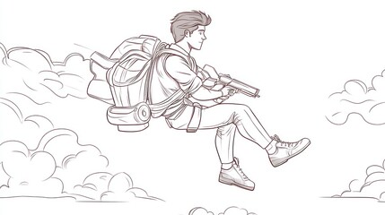 Fototapeta premium Sketch of a person flying on a jetpack backpack in the sky.
