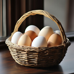 Brown and white eggs in a wicker basket.