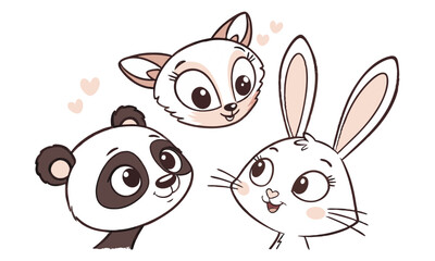 Adorable Cartoon Animal Friends Panda, Bunny & Fox Illustration