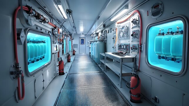 A technical interior view of the oxygen system piping and equipment inside a multi level underwater research or vessel illuminated by a cool blue lighting atmosphere