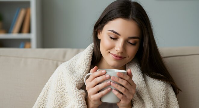 Cozy wellness moment with tea and blanket for emotional comfort