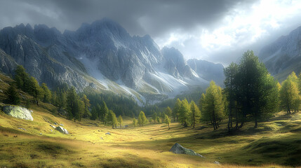 Snowy Mountain Valley Scene With Sunny Path