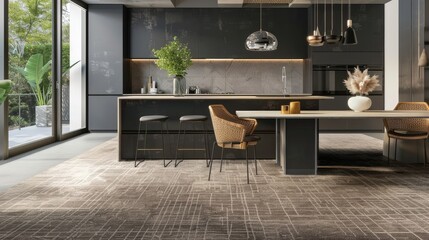 Modern kitchen interior featuring sleek cabinetry, stylish furniture, and natural light illuminating the space