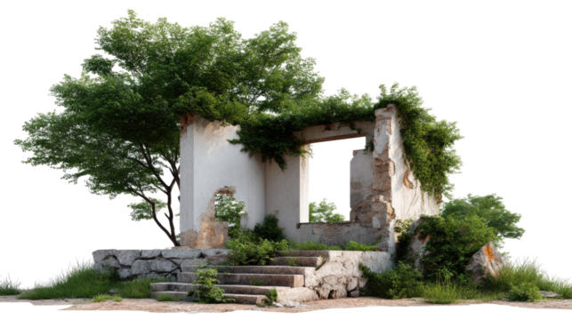 Ruin House with Greenery: A captivating old house stands as a testament to time's passage, its weathered walls adorned with vibrant green foliage.