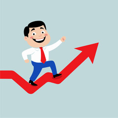 Cheerful Boy Running Up Red Arrow