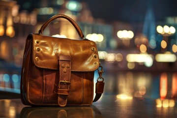 stylish brown leather bag sits on reflective surface, illuminated by warm city lights in background