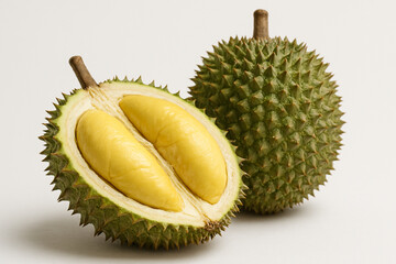 Obraz premium durian fruit that has been cut and behind it there is a whole durian, white background
