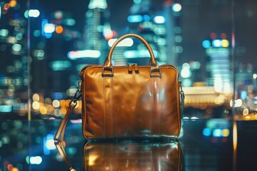 stylish brown leather bag sits on reflective surface, illuminated by warm city lights in background