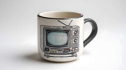 Fototapeta premium A vintage style ceramic mug shaped like a classic television set featuring a retro inspired screen print design with knobs and dials for a nostalgic decorative touch