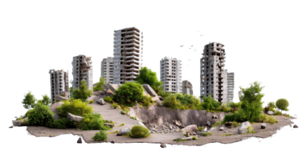 Urban Ruins: A scene of urban decay, towering structures stand amidst a landscape of rubble and overgrown vegetation. A testament to the resilience of nature.