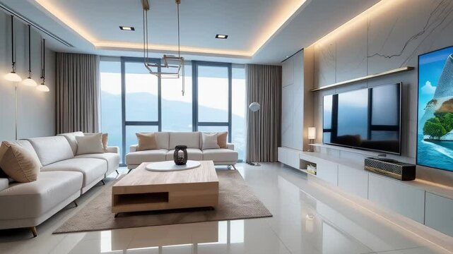 Showcase penthouse living room with elegance design and mountain view. luxury condo interior