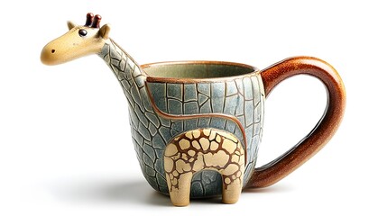 A whimsical and colorful ceramic mug in the shape of a giraffe featuring a long neck that serves as the handle for this unique and creative home decor item