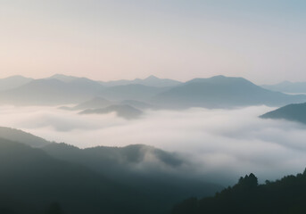 Serene Mountain Landscape with Misty Fog, Tranquil Nature Scene at Dawn, Foggy Mountain Peaks, Scenic Views